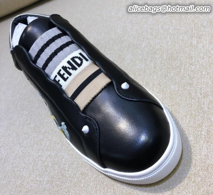 Good Taste Fendi Slip-on Elastic Strap Sneakers in Black Embroidered Calfskin G70966