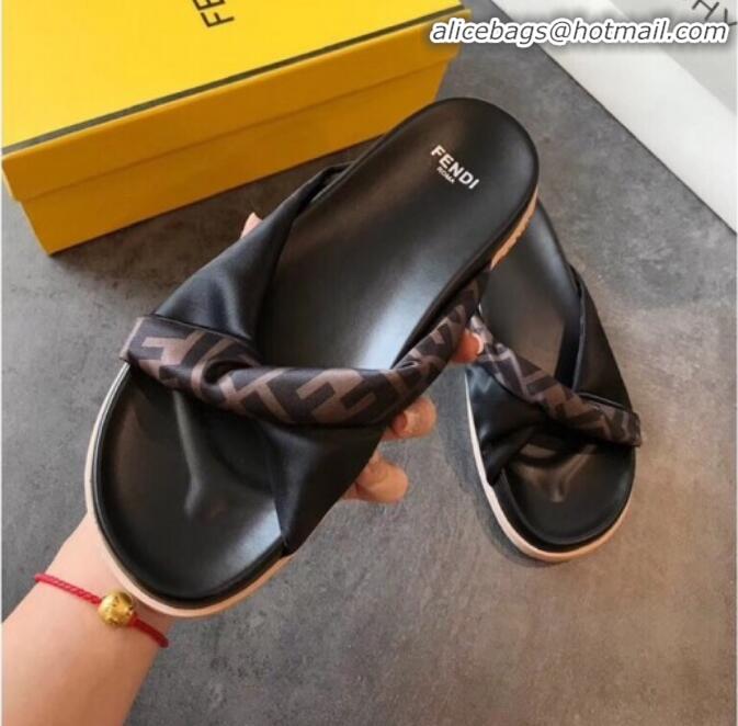 Top Sale Fendi FF Canvas Twist Flat Slide Sandals G71612 Black