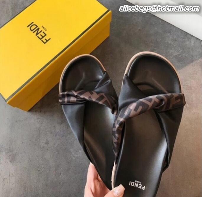 Top Sale Fendi FF Canvas Twist Flat Slide Sandals G71612 Black