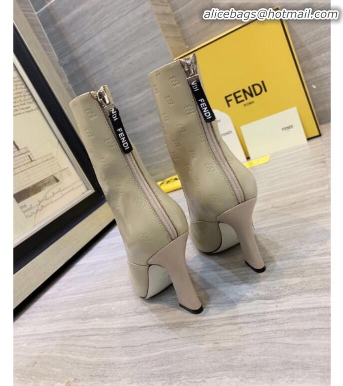 Classic Hot Fendi FFreedom Waxed Leather FF Logo Stamp High-Heel Short Boot G71744 Beige