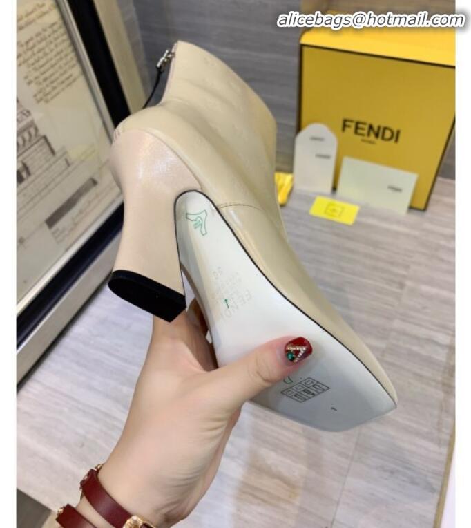 Classic Hot Fendi FFreedom Waxed Leather FF Logo Stamp High-Heel Short Boot G71744 Beige