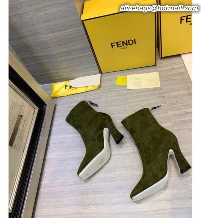 Sophisticated Fendi FFreedom FF Logo Stamp Suede High-Heel Short Boot G71744 Green