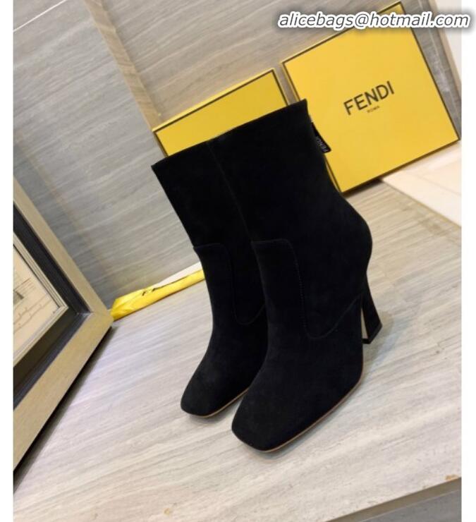 Luxury Fendi FFreedom FF Logo Stamp Suede High-Heel Short Boot G71744 Black