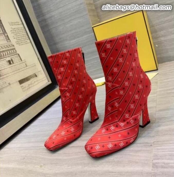 Duplicate Fendi FFreedom Silk Satins FF Logo Stripes High-Heel Short Boot G71910 Red