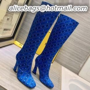 Shop Cheap Fendi FFreedom Silk Satins FF Logo Stripes High-Heel High Boot G71914 Blue