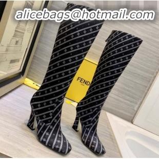 Modern Fendi FFreedom Silk Satins FF Logo Stripes High-Heel High Boot G71914 Black