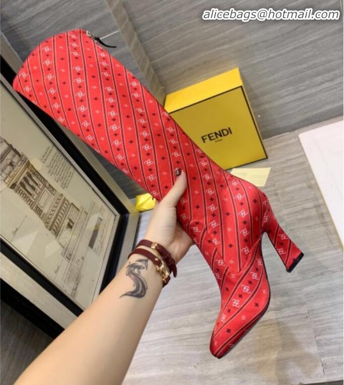 Good Product Fendi FFreedom Silk Satins FF Logo Stripes High-Heel High Boot G71914 Red