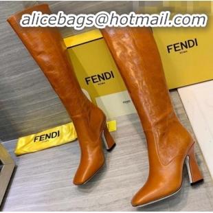 Discount Fendi FFreedom Waxed Leather FF Logo Stamp High-Heel High Boot G71918 Brown