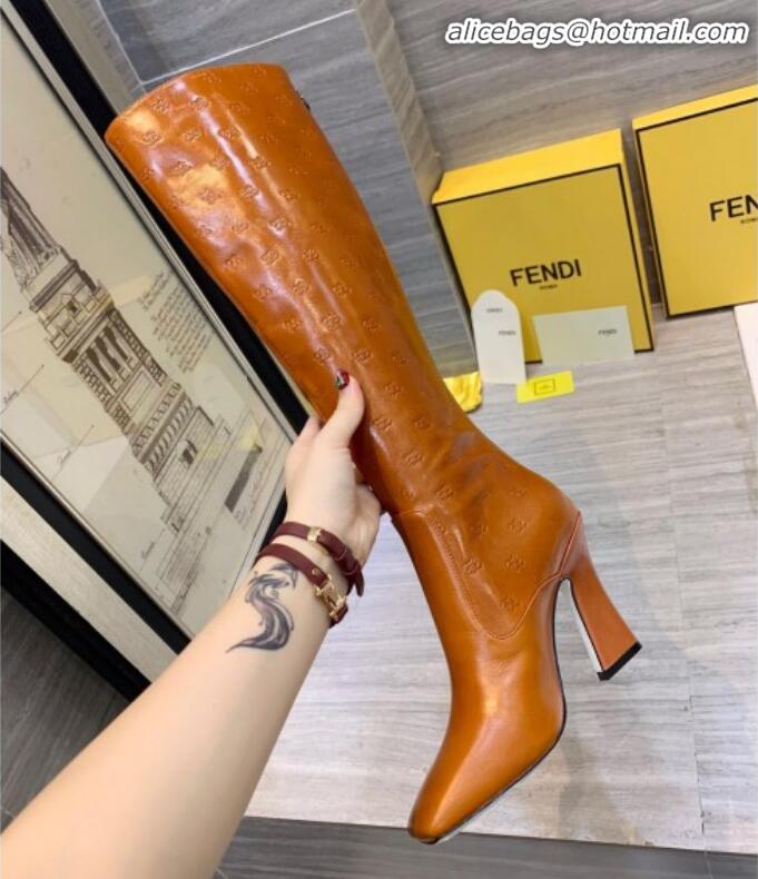 Discount Fendi FFreedom Waxed Leather FF Logo Stamp High-Heel High Boot G71918 Brown