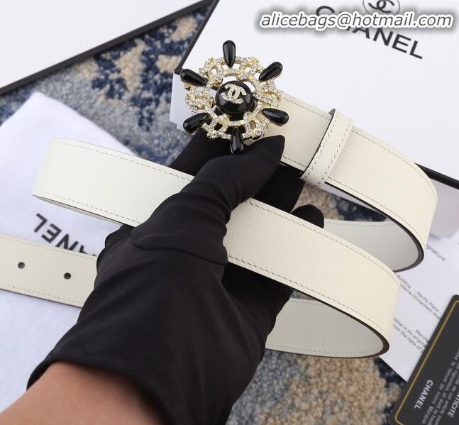 Imitation Chanel Reversible Calfskin Belt Width 30mm with Crystal Rudder Buckle 62551 White