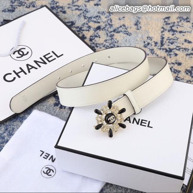 Imitation Chanel Reversible Calfskin Belt Width 30mm with Crystal Rudder Buckle 62551 White