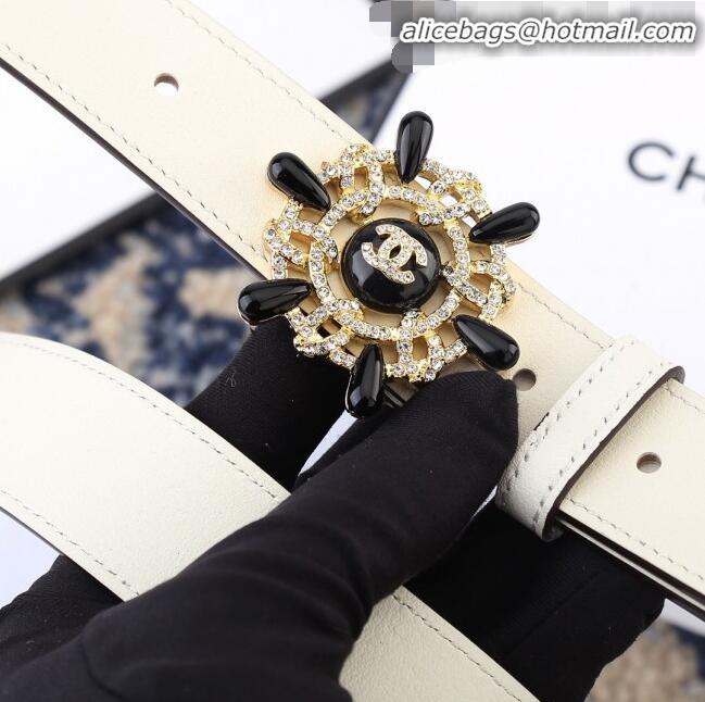 Imitation Chanel Reversible Calfskin Belt Width 30mm with Crystal Rudder Buckle 62551 White