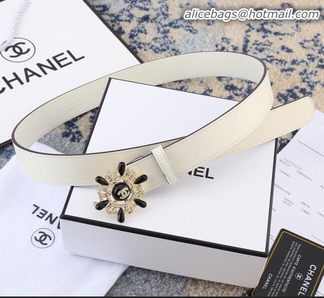 Imitation Chanel Reversible Calfskin Belt Width 30mm with Crystal Rudder Buckle 62551 White