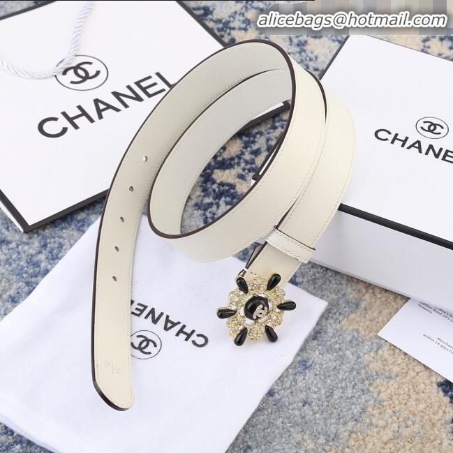 Imitation Chanel Reversible Calfskin Belt Width 30mm with Crystal Rudder Buckle 62551 White