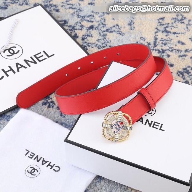 Cheapest Chanel Reversible Calfskin Belt Width 30mm with Crystal Square Buckle 62552 Red