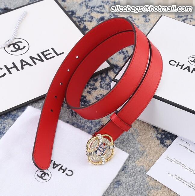 Cheapest Chanel Reversible Calfskin Belt Width 30mm with Crystal Square Buckle 62552 Red