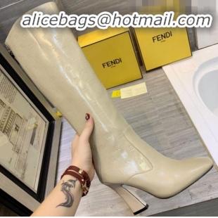 Luxurious Fendi FFreedom Waxed Leather FF Logo Stamp High-Heel High Boot G71918 Beige