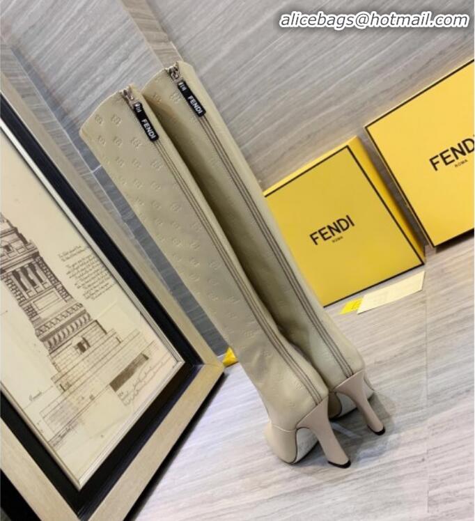 Luxurious Fendi FFreedom Waxed Leather FF Logo Stamp High-Heel High Boot G71918 Beige