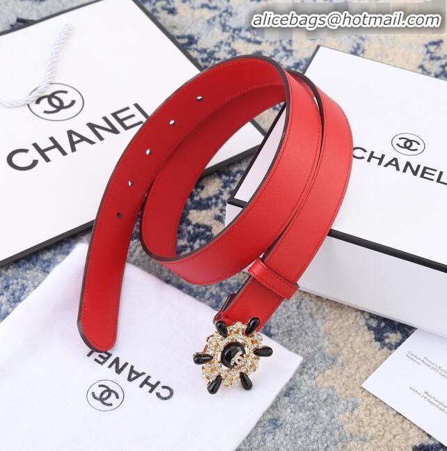 Low Price Chanel Reversible Calfskin Belt Width 30mm with Crystal Rudder Buckle 62553 Red