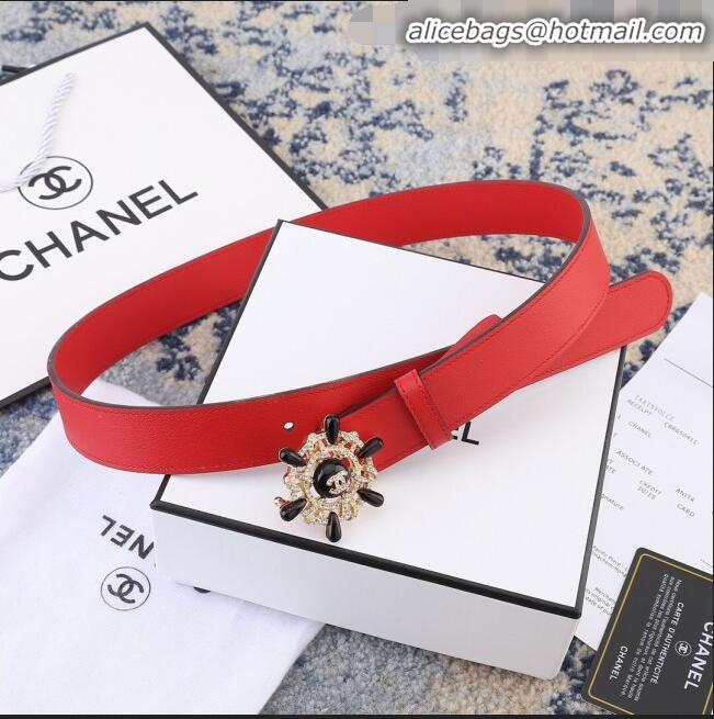 Low Price Chanel Reversible Calfskin Belt Width 30mm with Crystal Rudder Buckle 62553 Red