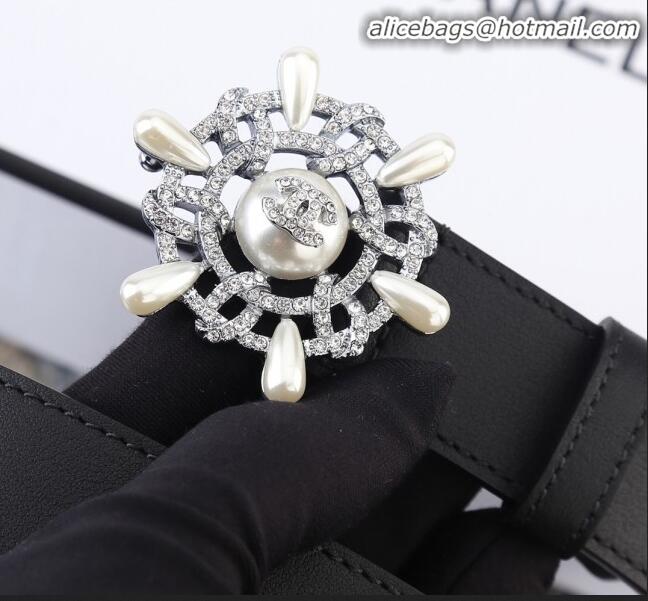 New Design Chanel Reversible Calfskin Belt Width 30mm with Crystal Rudder Buckle 62553 Black