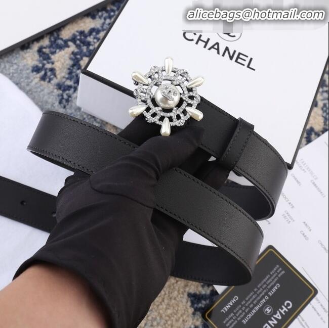 New Design Chanel Reversible Calfskin Belt Width 30mm with Crystal Rudder Buckle 62553 Black