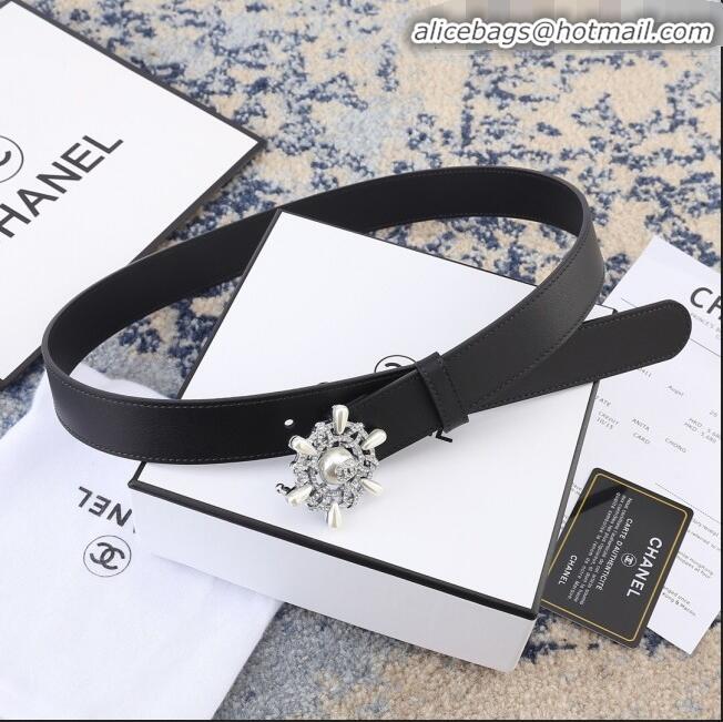 New Design Chanel Reversible Calfskin Belt Width 30mm with Crystal Rudder Buckle 62553 Black