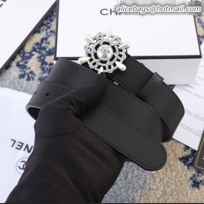 New Design Chanel Reversible Calfskin Belt Width 30mm with Crystal Rudder Buckle 62553 Black