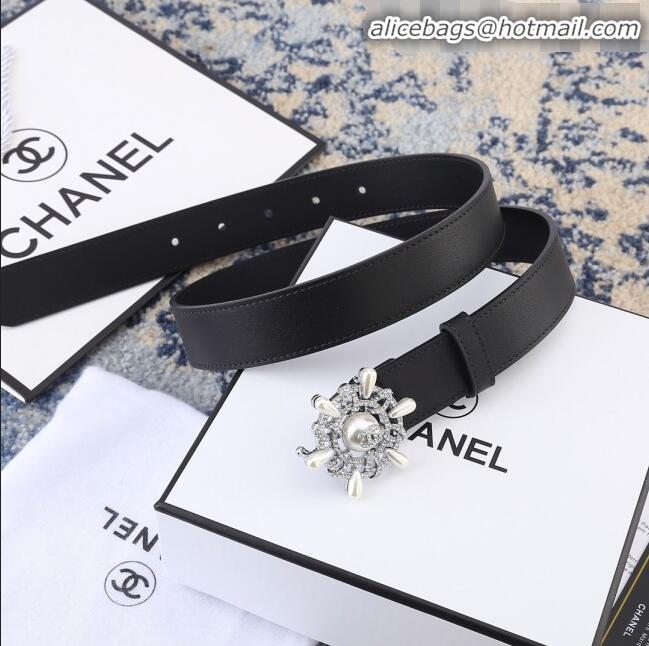 New Design Chanel Reversible Calfskin Belt Width 30mm with Crystal Rudder Buckle 62553 Black