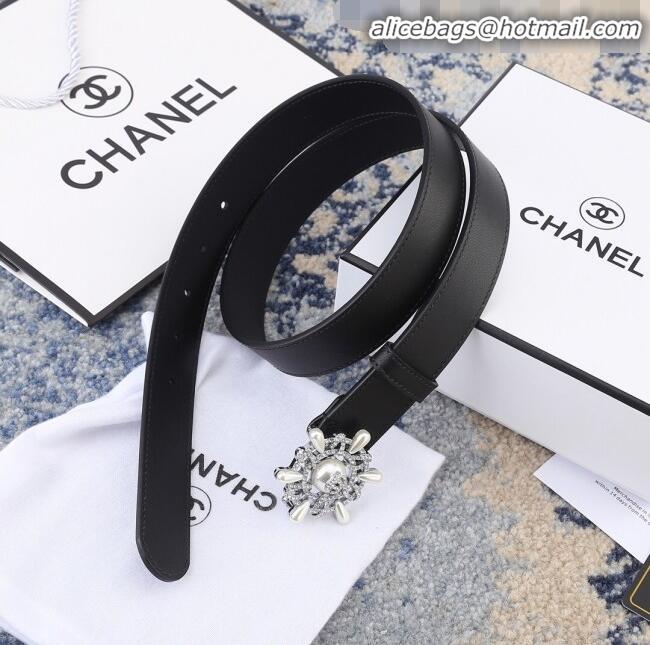 New Design Chanel Reversible Calfskin Belt Width 30mm with Crystal Rudder Buckle 62553 Black