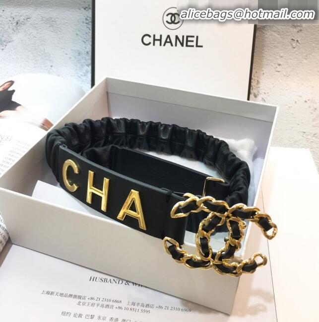 Popular Style Chanel Stretch Pleated Leather Belt Width 30mm with CC Buckle AA0538 Black