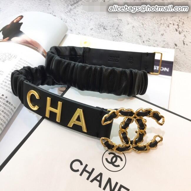 Popular Style Chanel Stretch Pleated Leather Belt Width 30mm with CC Buckle AA0538 Black