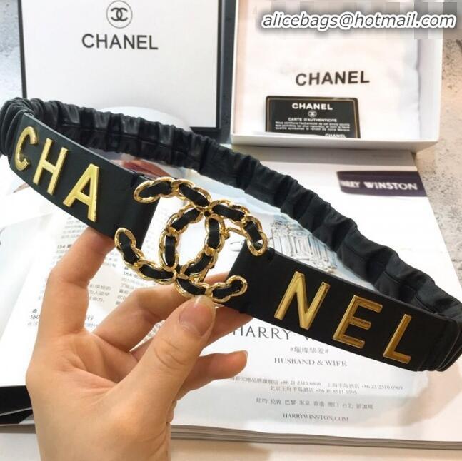 Popular Style Chanel Stretch Pleated Leather Belt Width 30mm with CC Buckle AA0538 Black