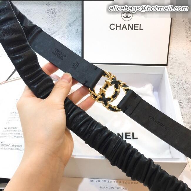 Popular Style Chanel Stretch Pleated Leather Belt Width 30mm with CC Buckle AA0538 Black