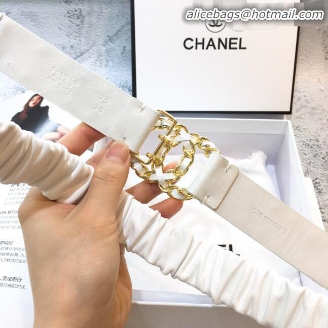 Low Price Chanel Stretch Pleated Leather Belt 30mm with CC Buckle AA0539 AA0538 White