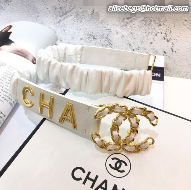 Low Price Chanel Stretch Pleated Leather Belt 30mm with CC Buckle AA0539 AA0538 White