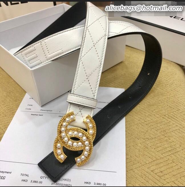 Inexpensive Chanel Quilted Chanel Logo Lambskin Belt 30mm with Pearl CC Buckle 71148 White