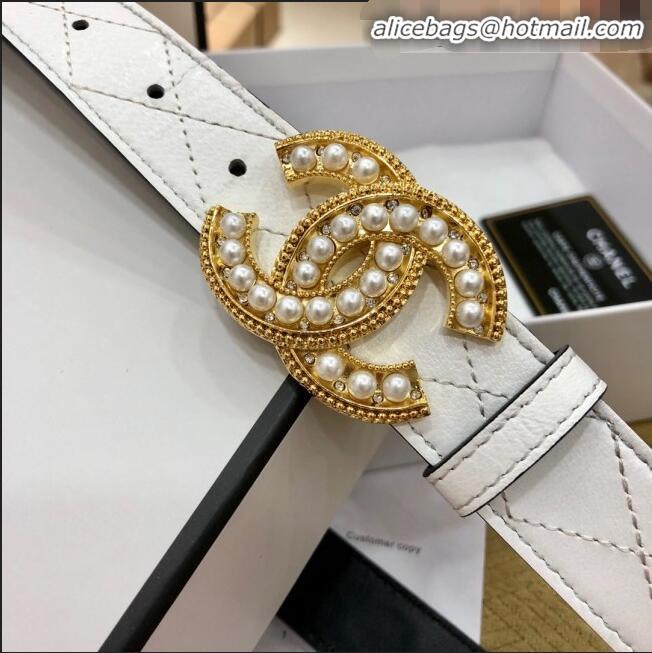 Inexpensive Chanel Quilted Chanel Logo Lambskin Belt 30mm with Pearl CC Buckle 71148 White