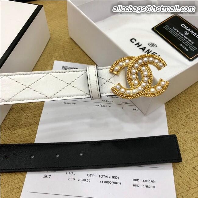 Inexpensive Chanel Quilted Chanel Logo Lambskin Belt 30mm with Pearl CC Buckle 71148 White