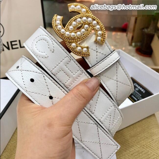 Inexpensive Chanel Quilted Chanel Logo Lambskin Belt 30mm with Pearl CC Buckle 71148 White