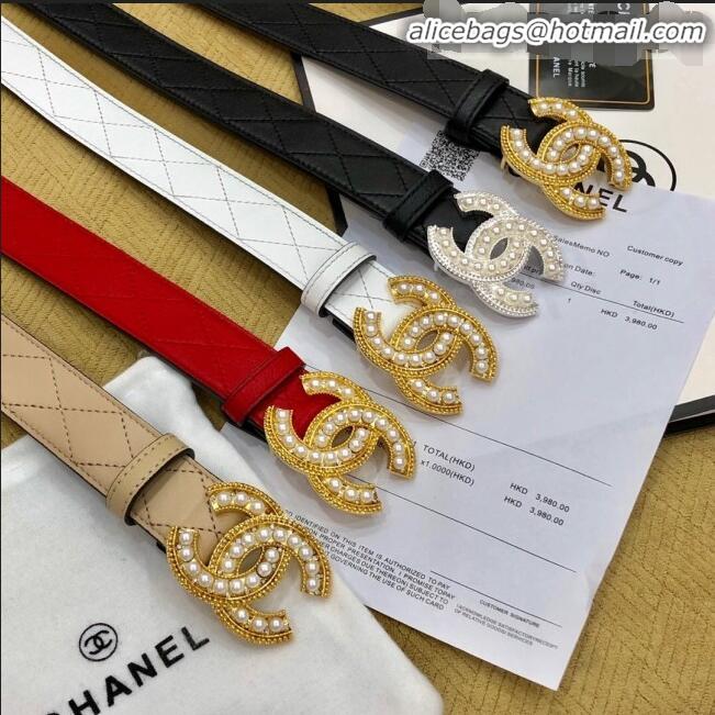 Inexpensive Chanel Quilted Chanel Logo Lambskin Belt 30mm with Pearl CC Buckle 71148 White