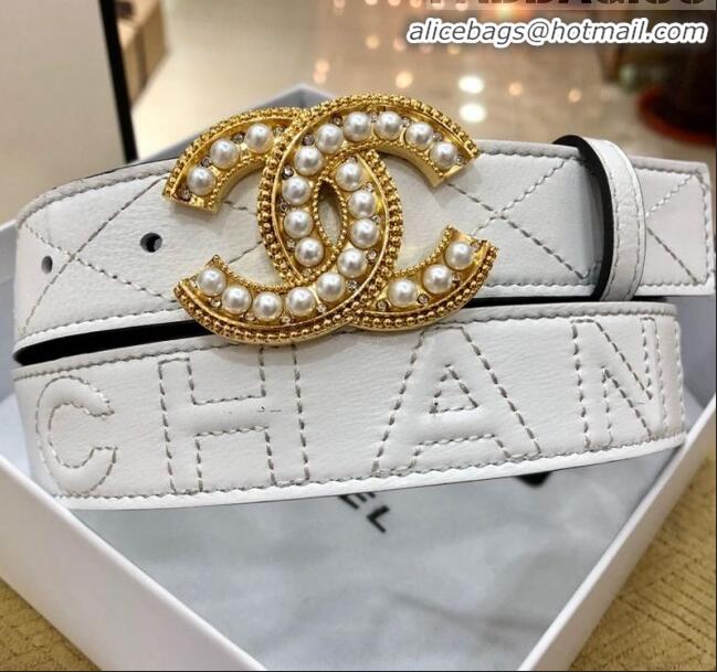 Inexpensive Chanel Quilted Chanel Logo Lambskin Belt 30mm with Pearl CC Buckle 71148 White