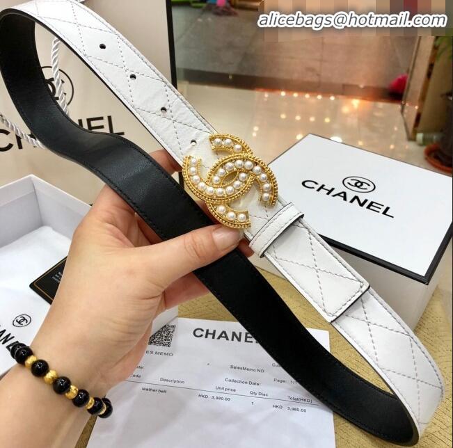 Inexpensive Chanel Quilted Chanel Logo Lambskin Belt 30mm with Pearl CC Buckle 71148 White