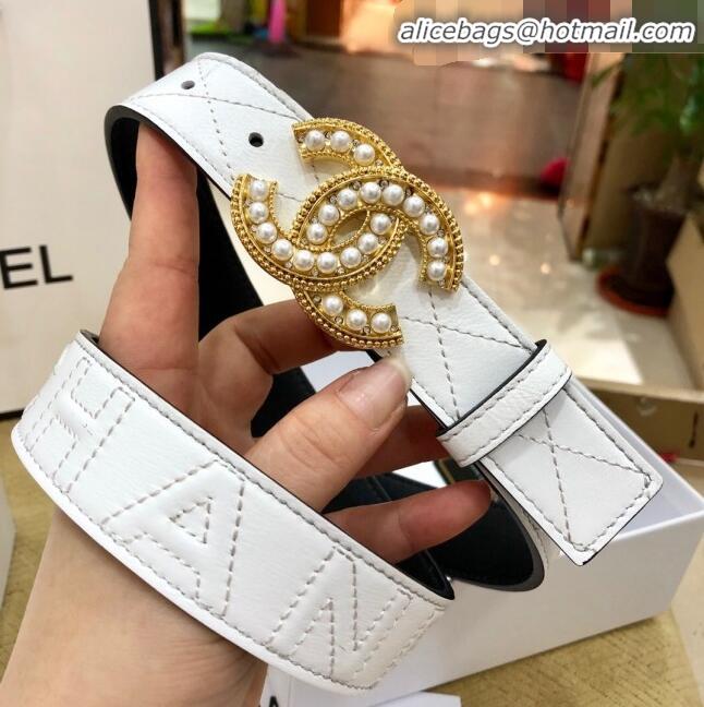 Inexpensive Chanel Quilted Chanel Logo Lambskin Belt 30mm with Pearl CC Buckle 71148 White