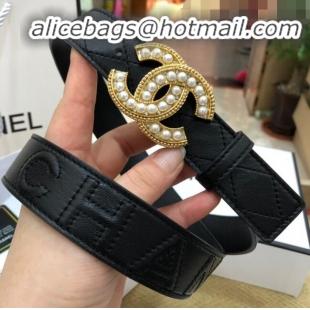 Best Price Chanel Quilted Chanel Logo Lambskin Belt 30mm with Pearl CC Buckle 71148 Black