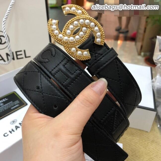 Best Price Chanel Quilted Chanel Logo Lambskin Belt 30mm with Pearl CC Buckle 71148 Black