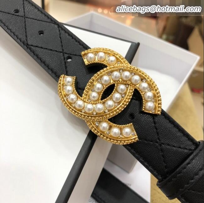 Best Price Chanel Quilted Chanel Logo Lambskin Belt 30mm with Pearl CC Buckle 71148 Black