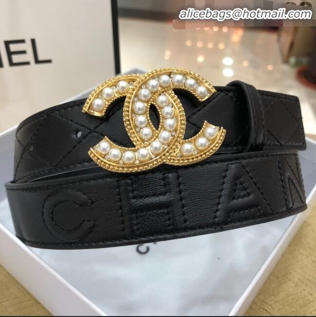 Best Price Chanel Quilted Chanel Logo Lambskin Belt 30mm with Pearl CC Buckle 71148 Black