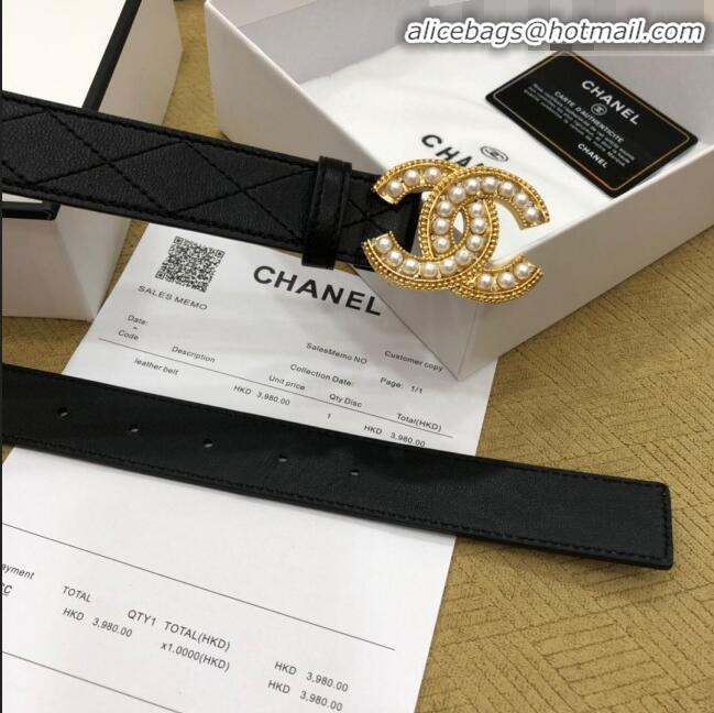 Best Price Chanel Quilted Chanel Logo Lambskin Belt 30mm with Pearl CC Buckle 71148 Black