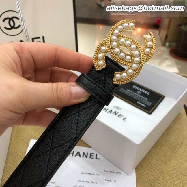 Best Price Chanel Quilted Chanel Logo Lambskin Belt 30mm with Pearl CC Buckle 71148 Black